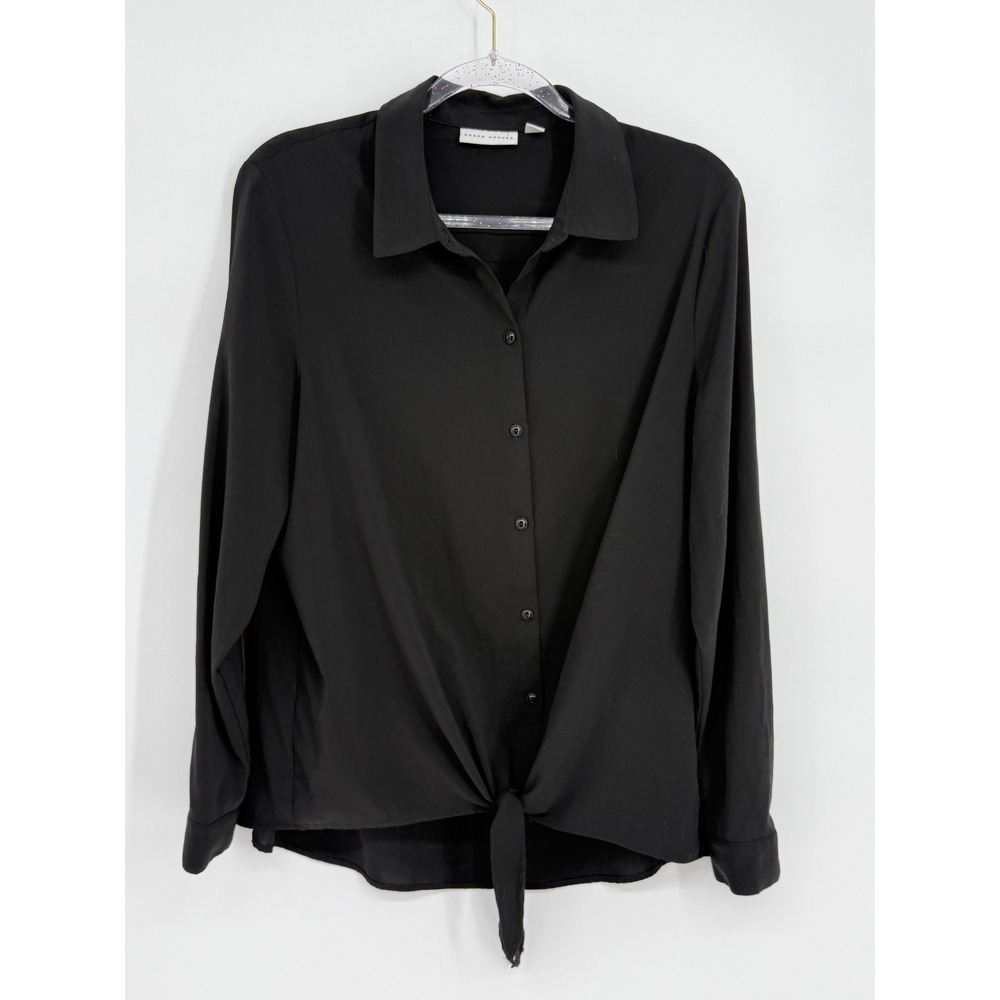 Susan Graver Womens Black Tie Front Button Down Shirt Long Sleeve Sz 14